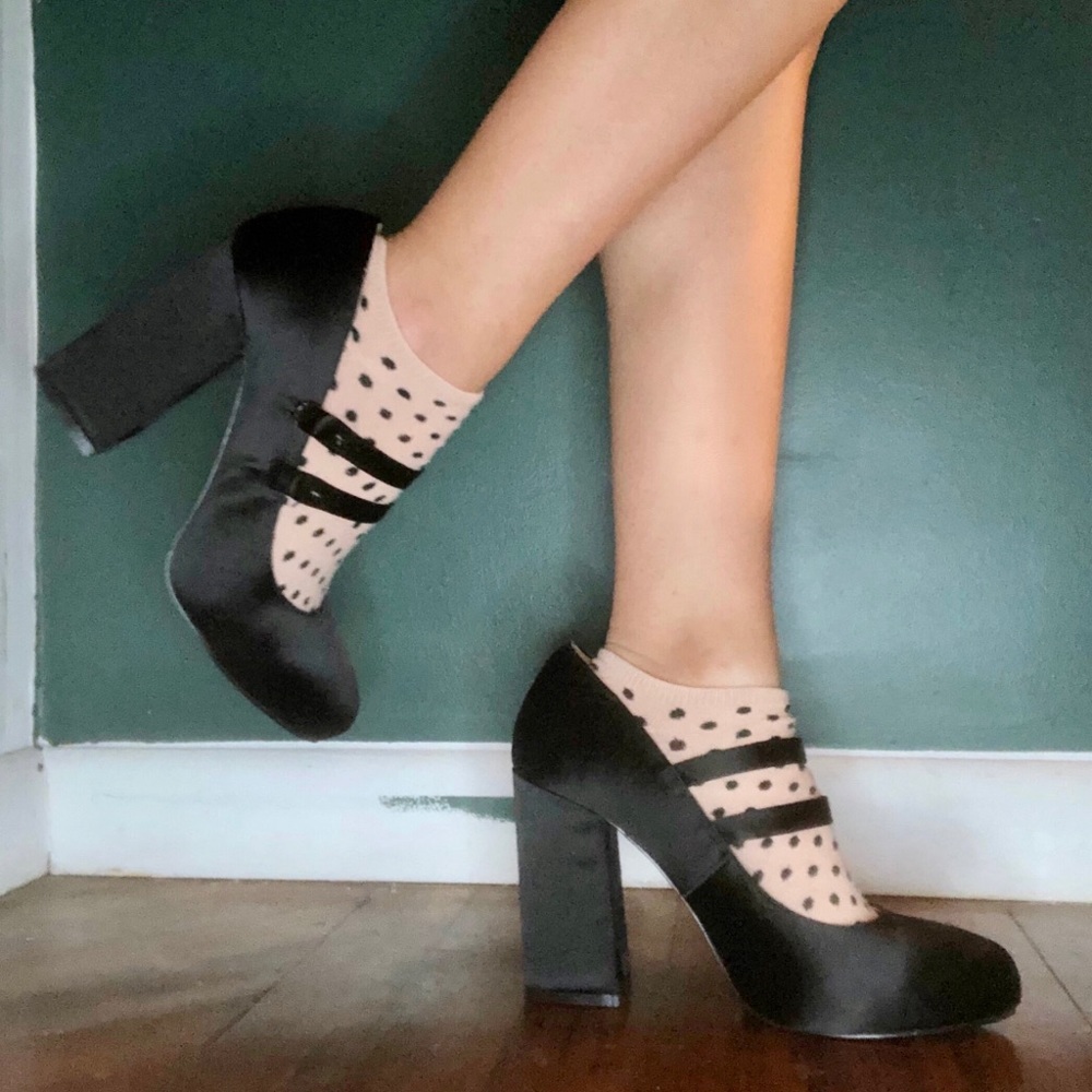 Black Satin High Heeled Mary Janes